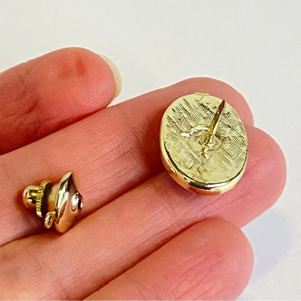 Vintage Hematite Cameo Cufflinks Tie Tack Set Oval Silvertone Gold Tone Mens